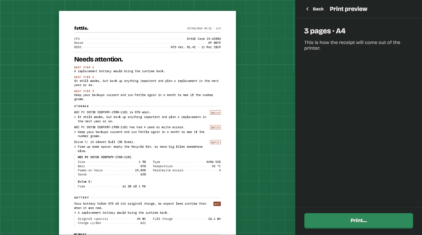 Fettle’s print preview: the receipt laid out on an A4 page, three pages in all, with a Print button.