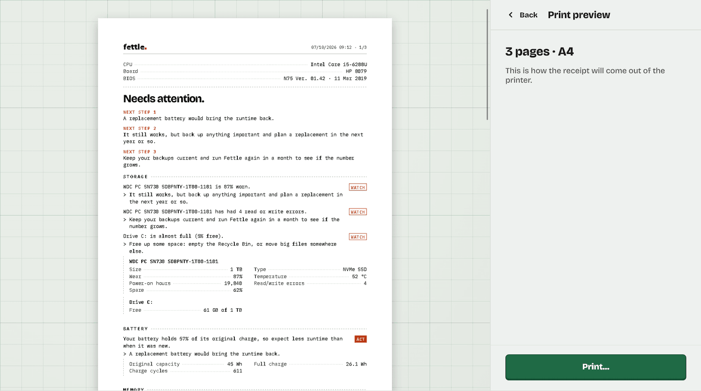 Fettle’s print preview: the receipt laid out on an A4 page, three pages in all, with a Print button.