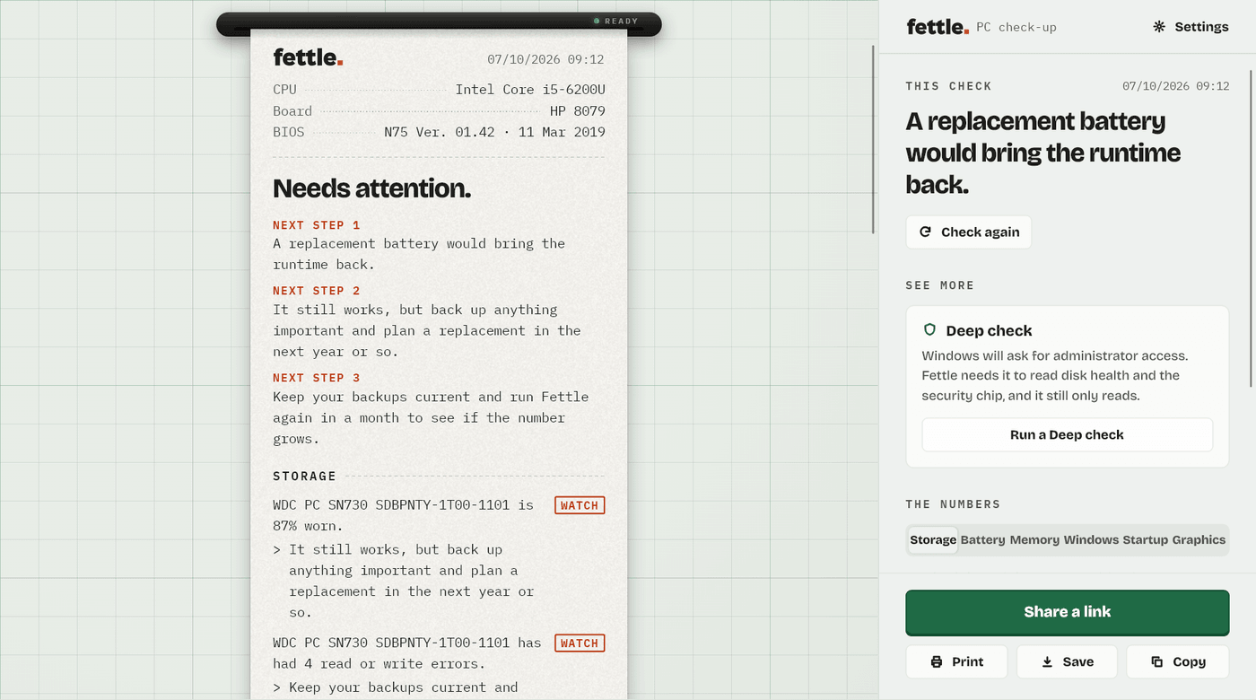 Fettle’s window. On the left, a receipt for an older laptop that says Needs attention, with three next steps and a storage line marked Watch. On the right, the main verdict, a Deep check offer and the Share, Print, Save and Copy buttons.