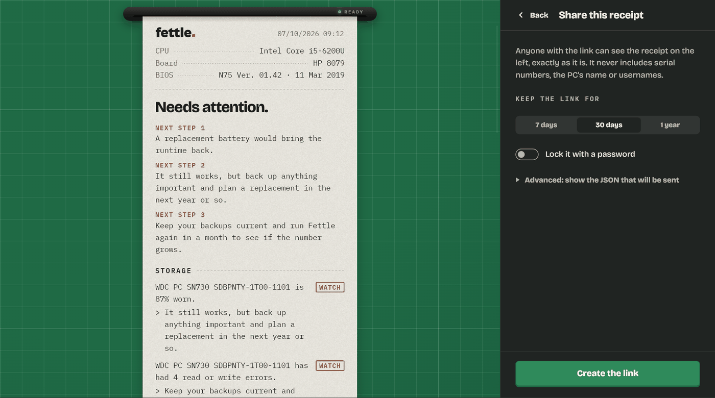 Fettle’s Share view: keep the link for 7 days, 30 days or a year, an optional password, and a Create the link button.