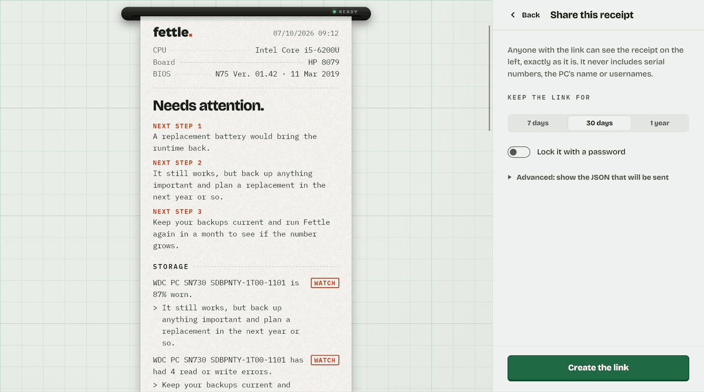 Fettle’s Share view: keep the link for 7 days, 30 days or a year, an optional password, and a Create the link button.
